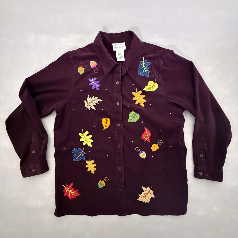 Vtg The Quacker Factory purple corduroy fall themed button up - leaves size L